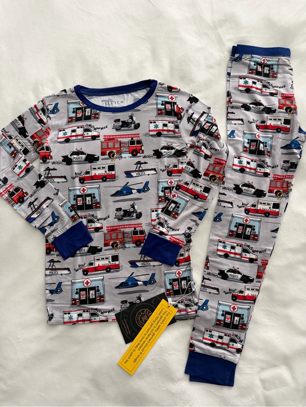 Kids Emergency Vehicles Bamboo Pajama Set - Blue/Grey